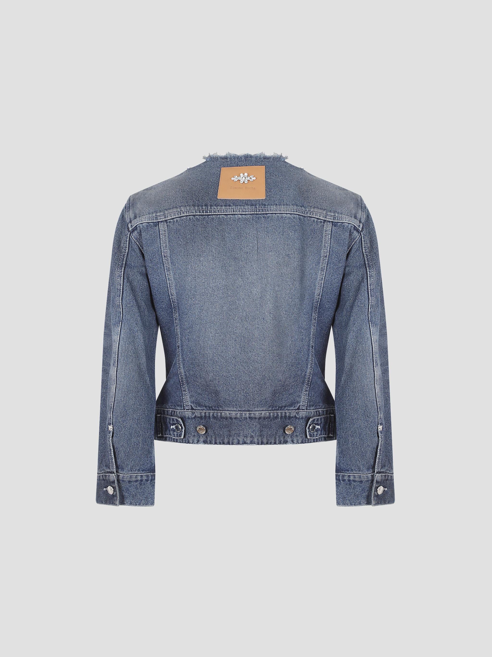 Fitted waist tail denim jacket w/ turbo emb