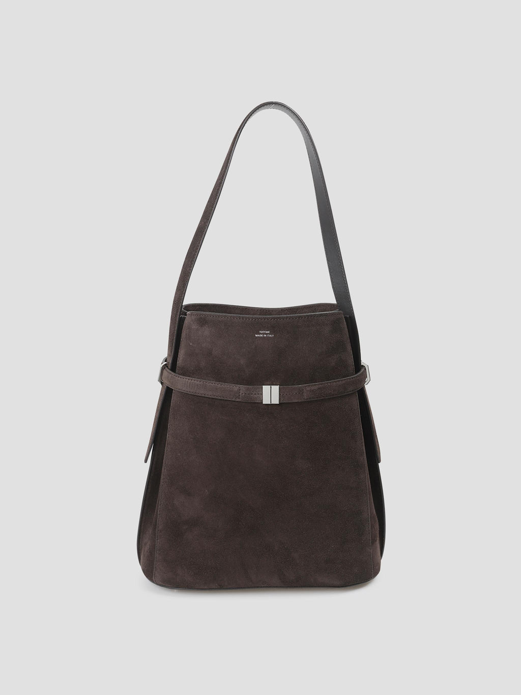 Belted suede bucket bag