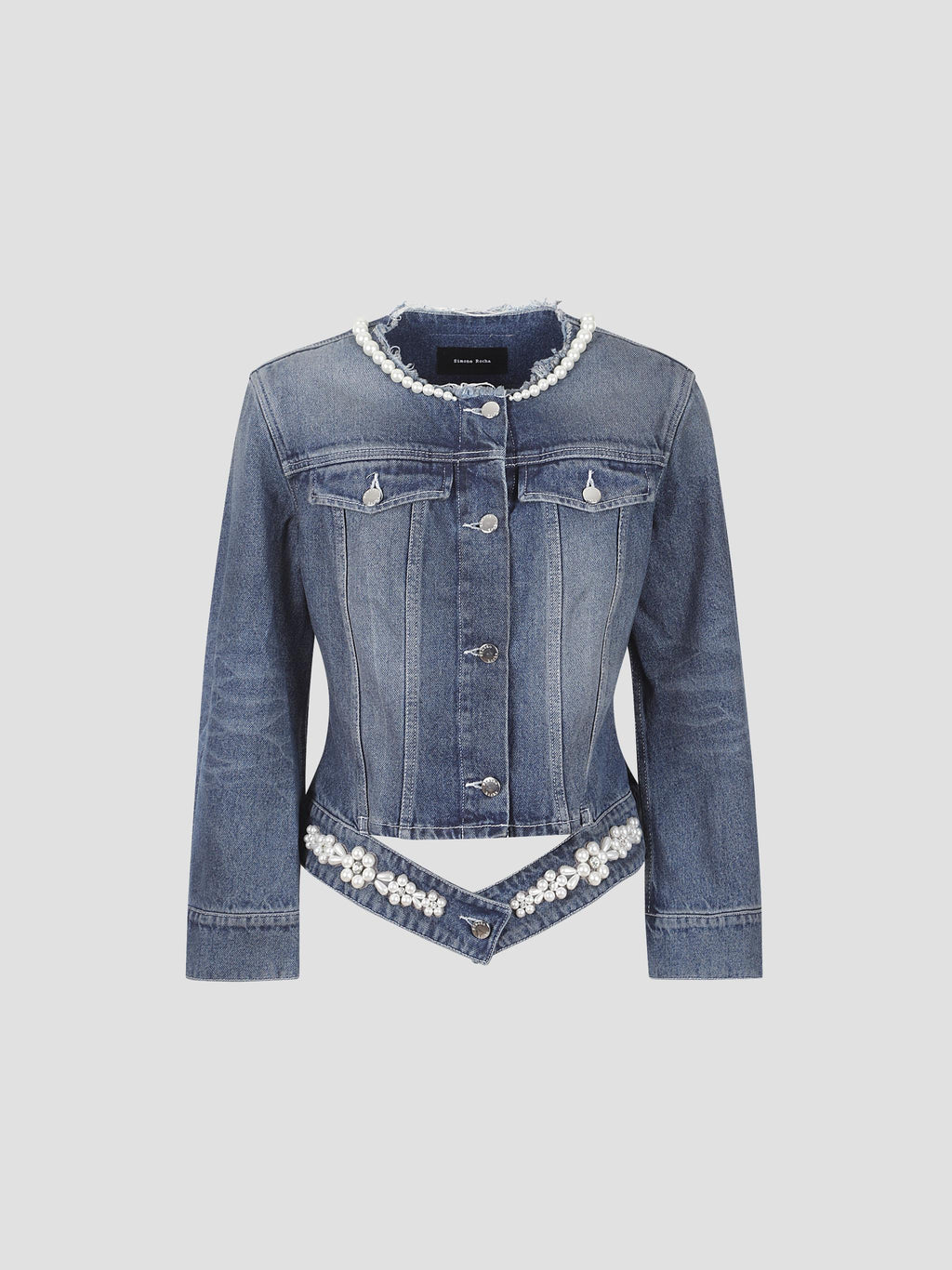 Fitted waist tail denim jacket w/ turbo emb