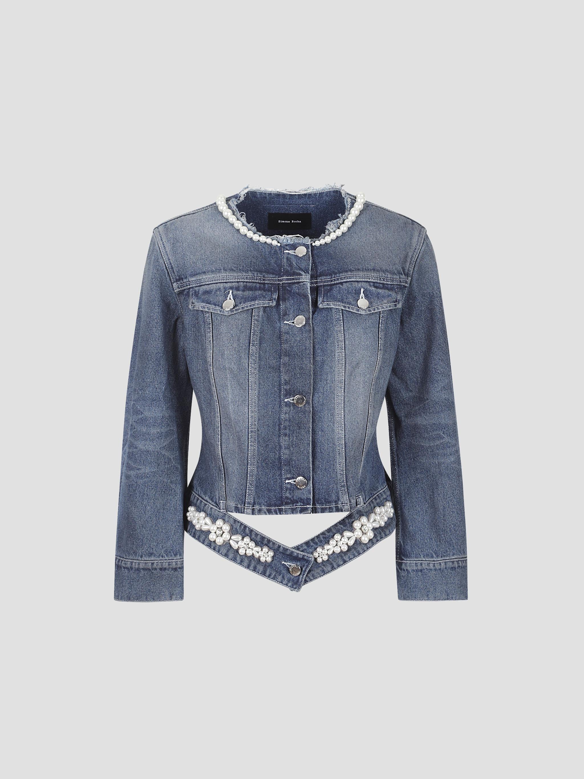 Fitted waist tail denim jacket w/ turbo emb