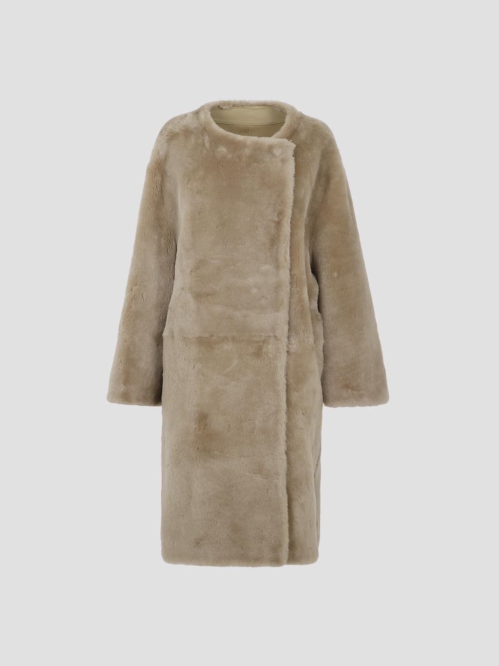 Collarless shearling coat
