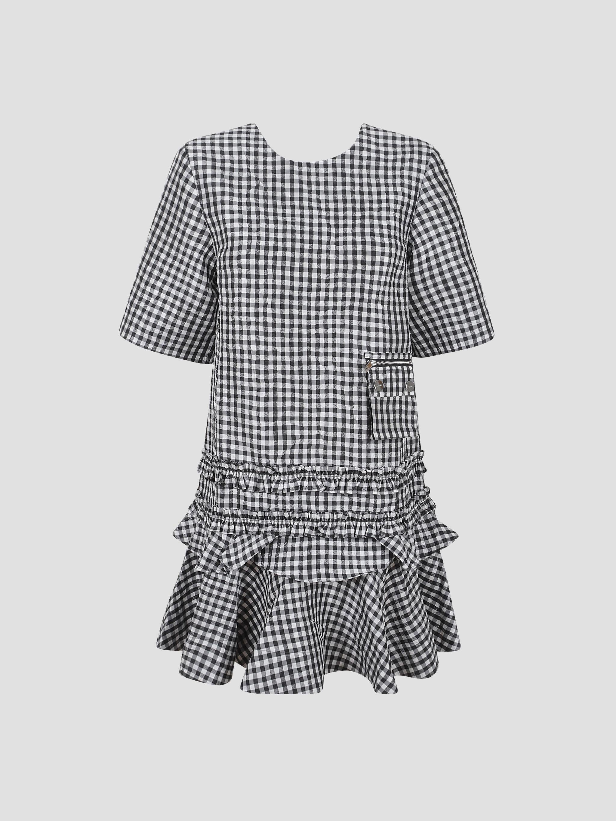 Crinkled taffeta check open back mini dress