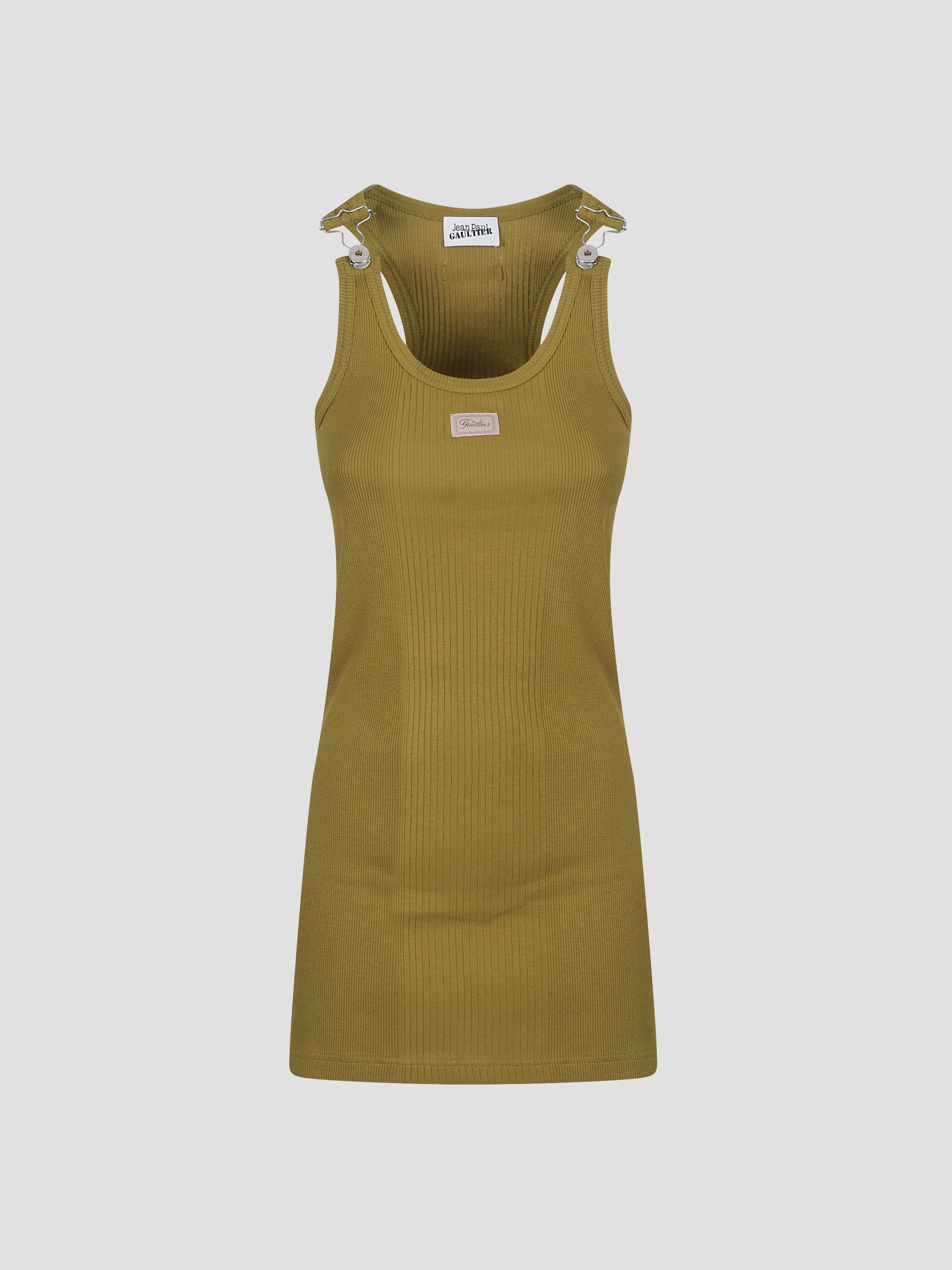 Ribbed short dress with "gaultier" patch and overa