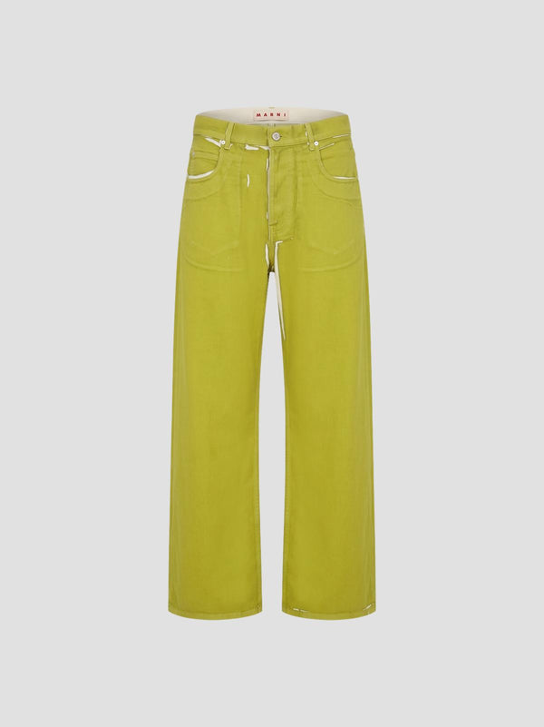 Screen-printed denim wide-leg pants