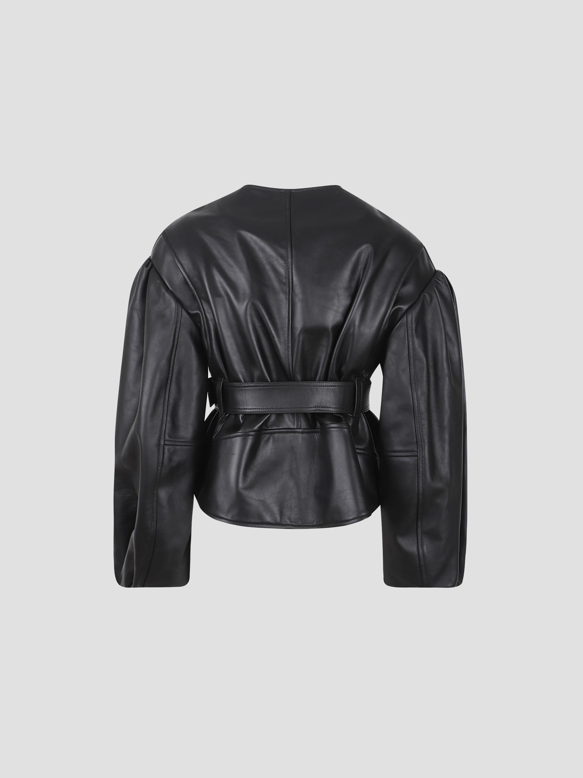 Cropped sculpted belt detail biker jacket