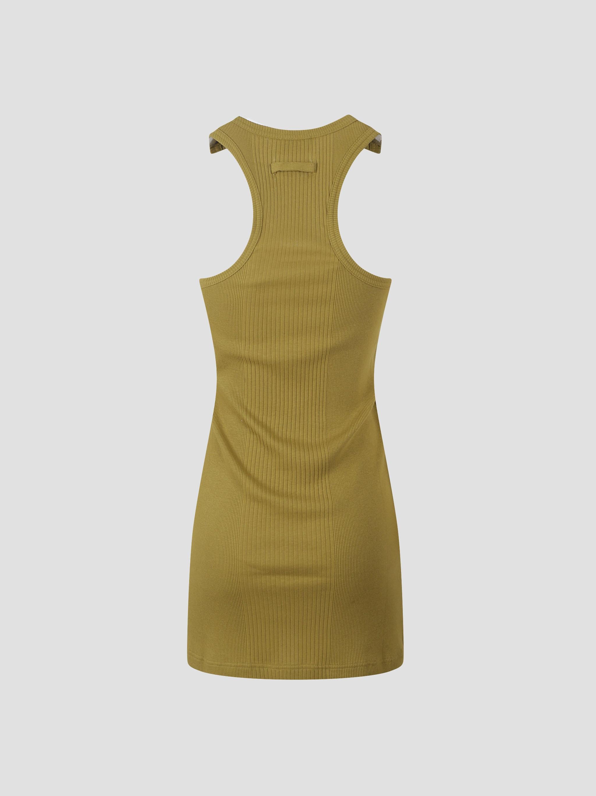 Ribbed short dress with "gaultier" patch and overa