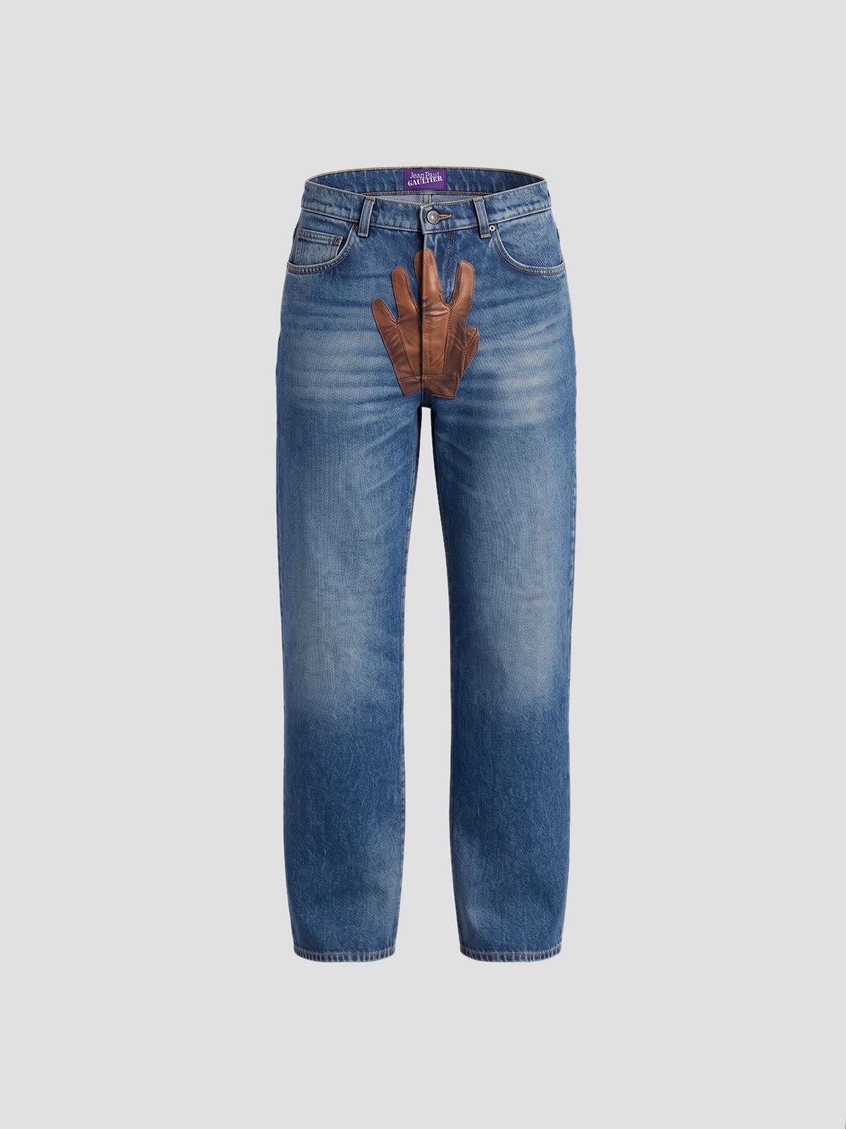 Wide leg denim pants with gloves print on front