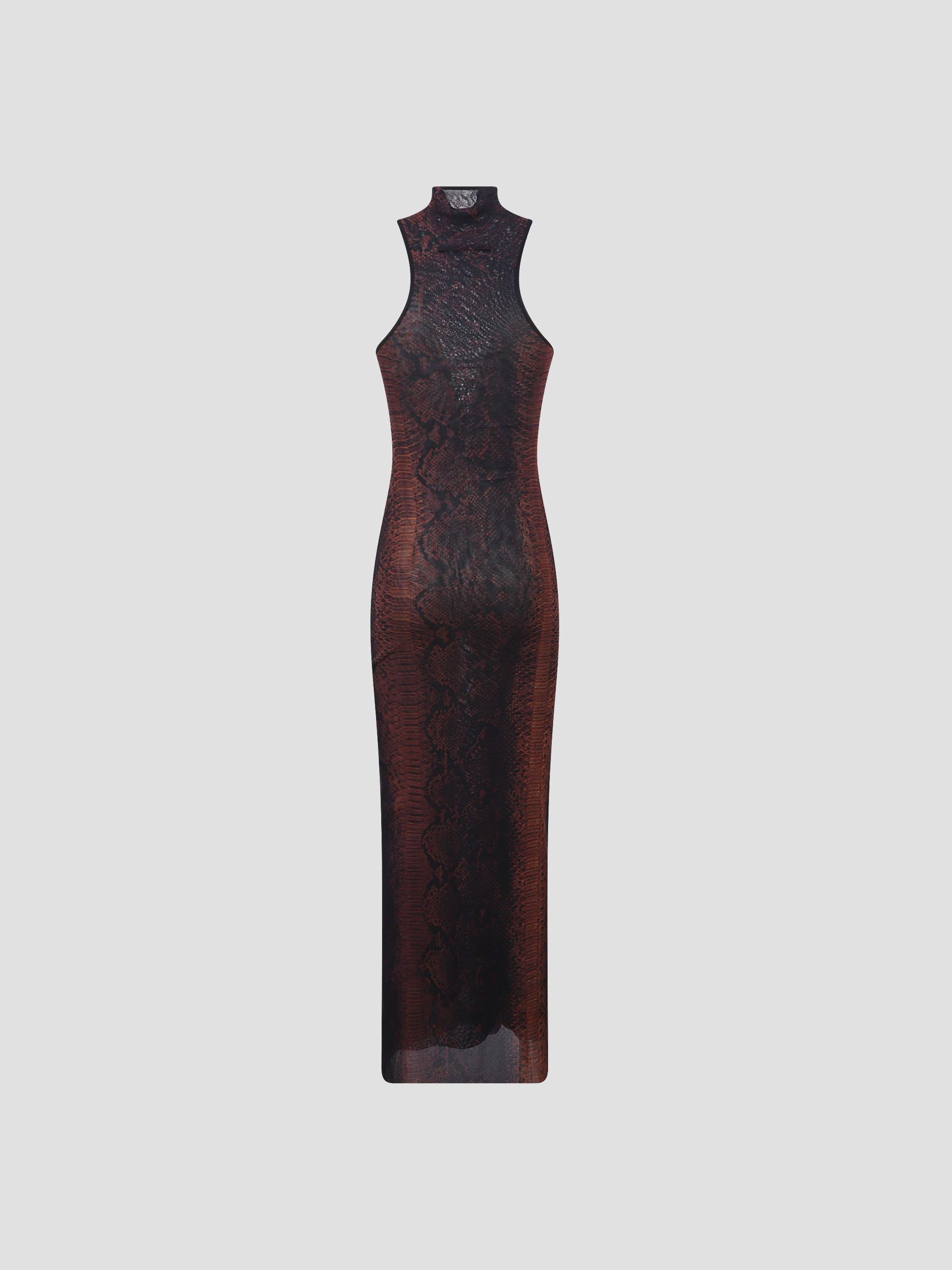 Mesh high neck long dress printed "python"