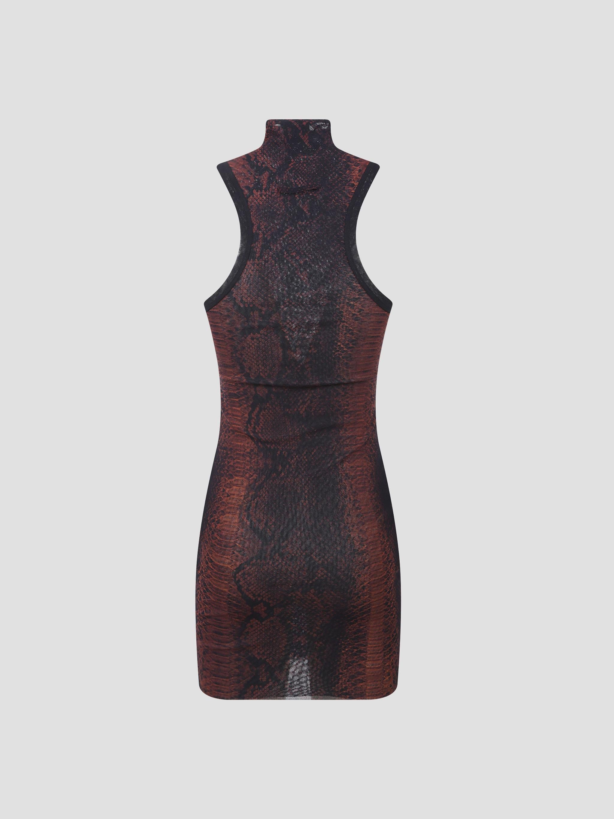 Mesh high neck short dress printed "python"