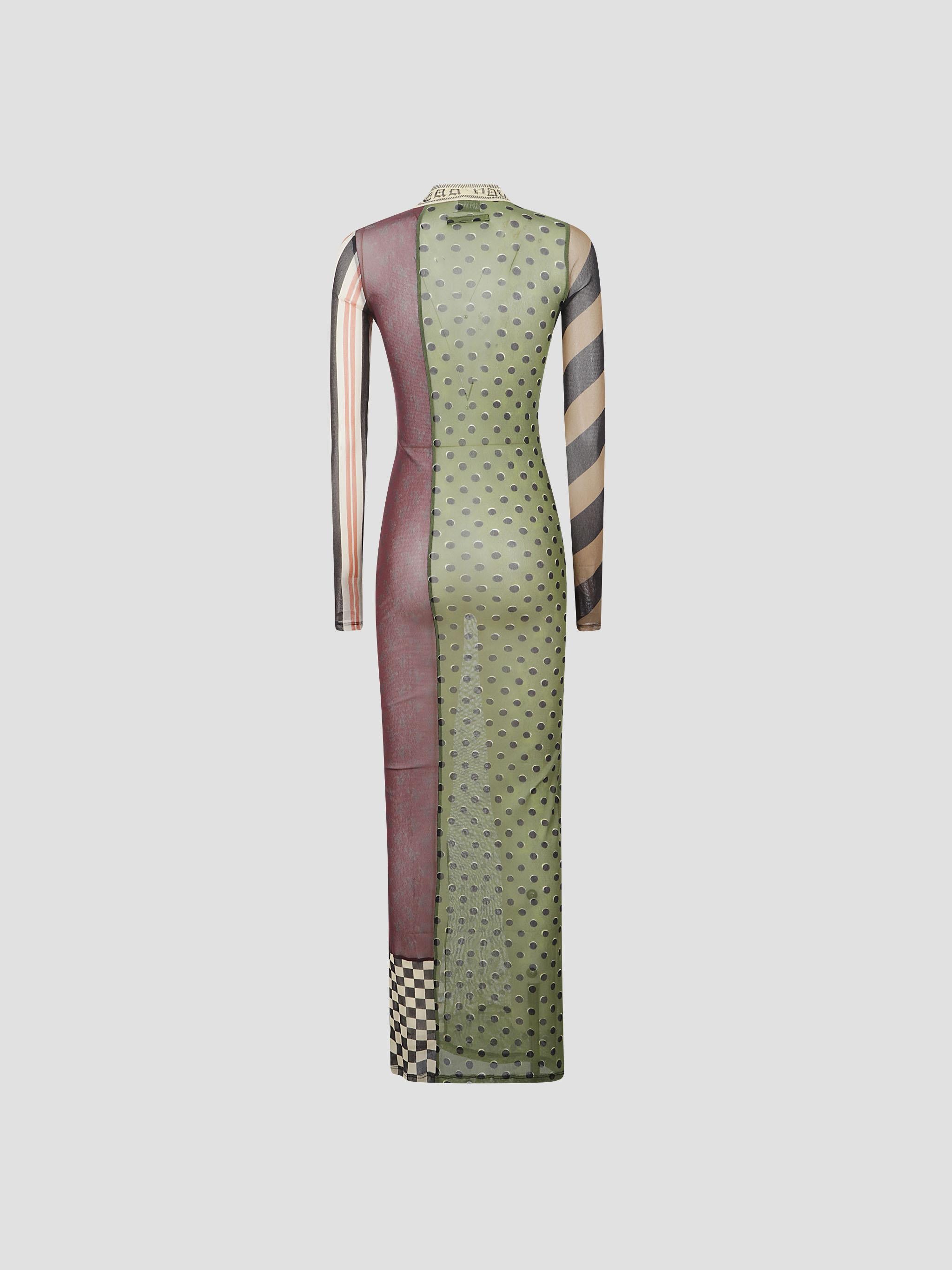 Mesh long dress with patchworks in printed mesh