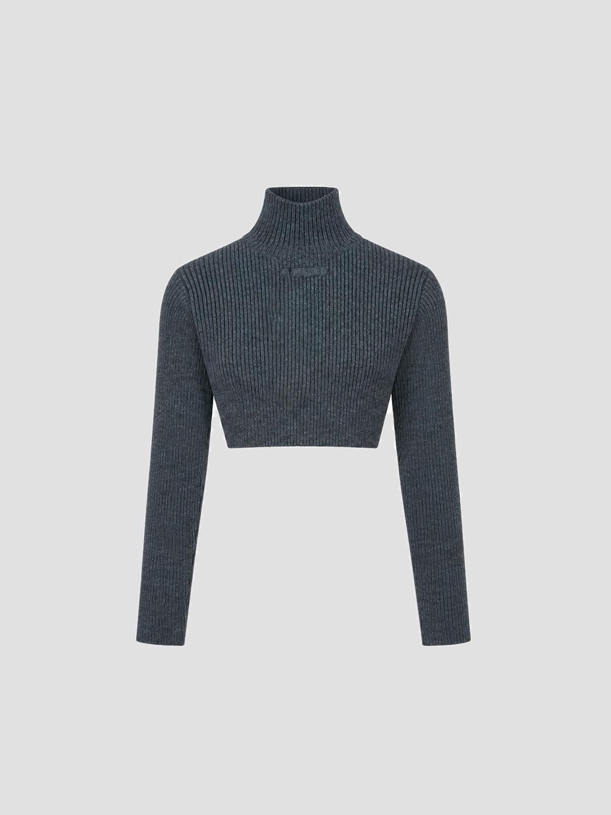 High neck crop sweater with leather tag details