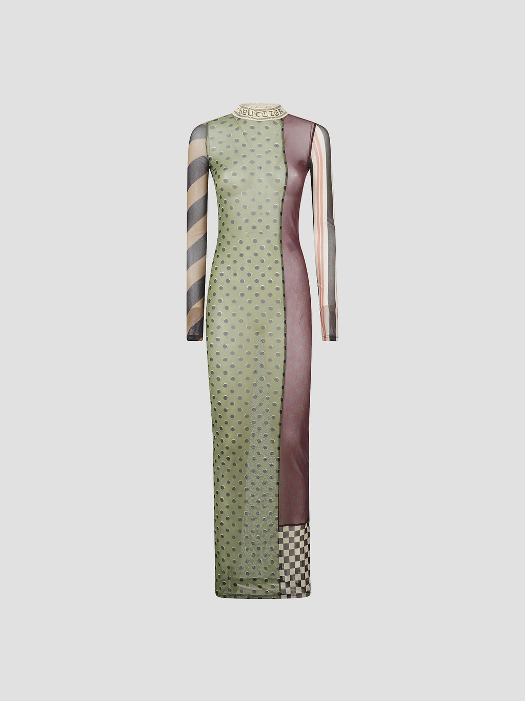 Mesh long dress with patchworks in printed mesh
