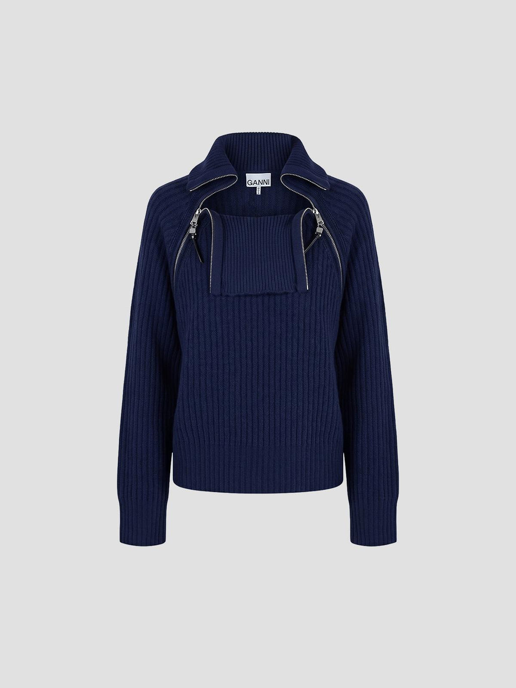 Ganni Wool melange rib stripe zip turtleneck in blue