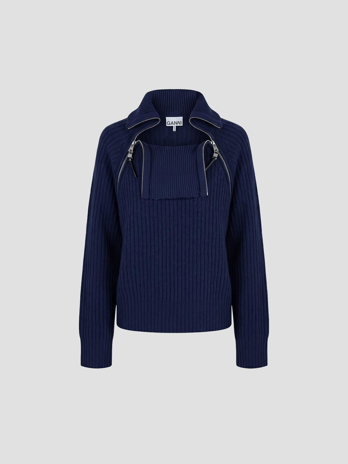 Wool melange rib stripe zip turtleneck