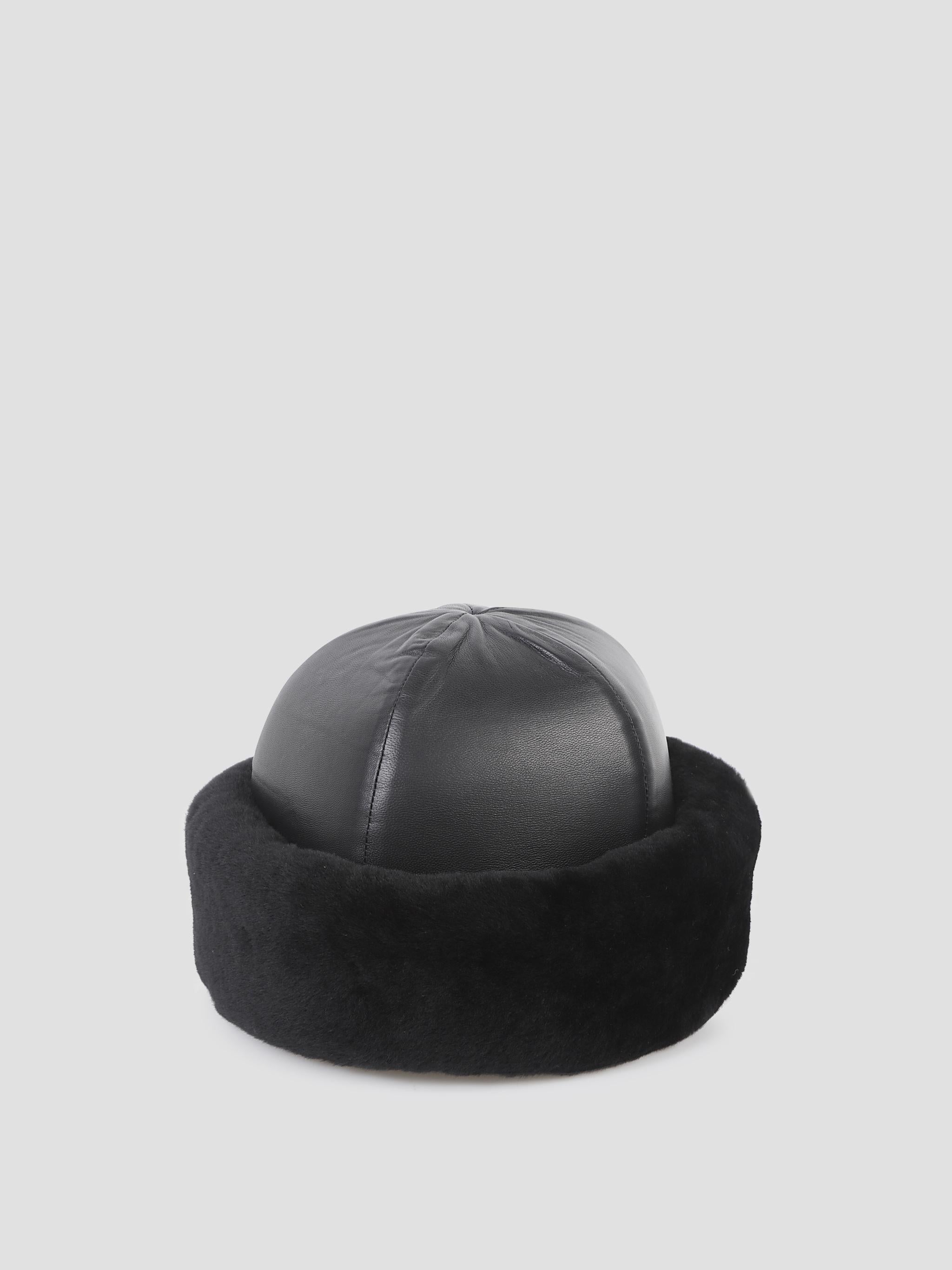 Padded leather and fur beanie