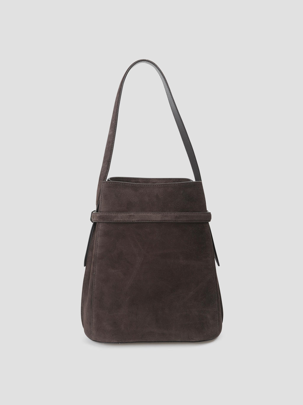 Belted suede bucket bag