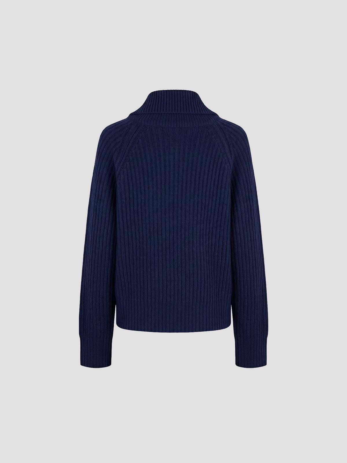 Wool melange rib stripe zip turtleneck