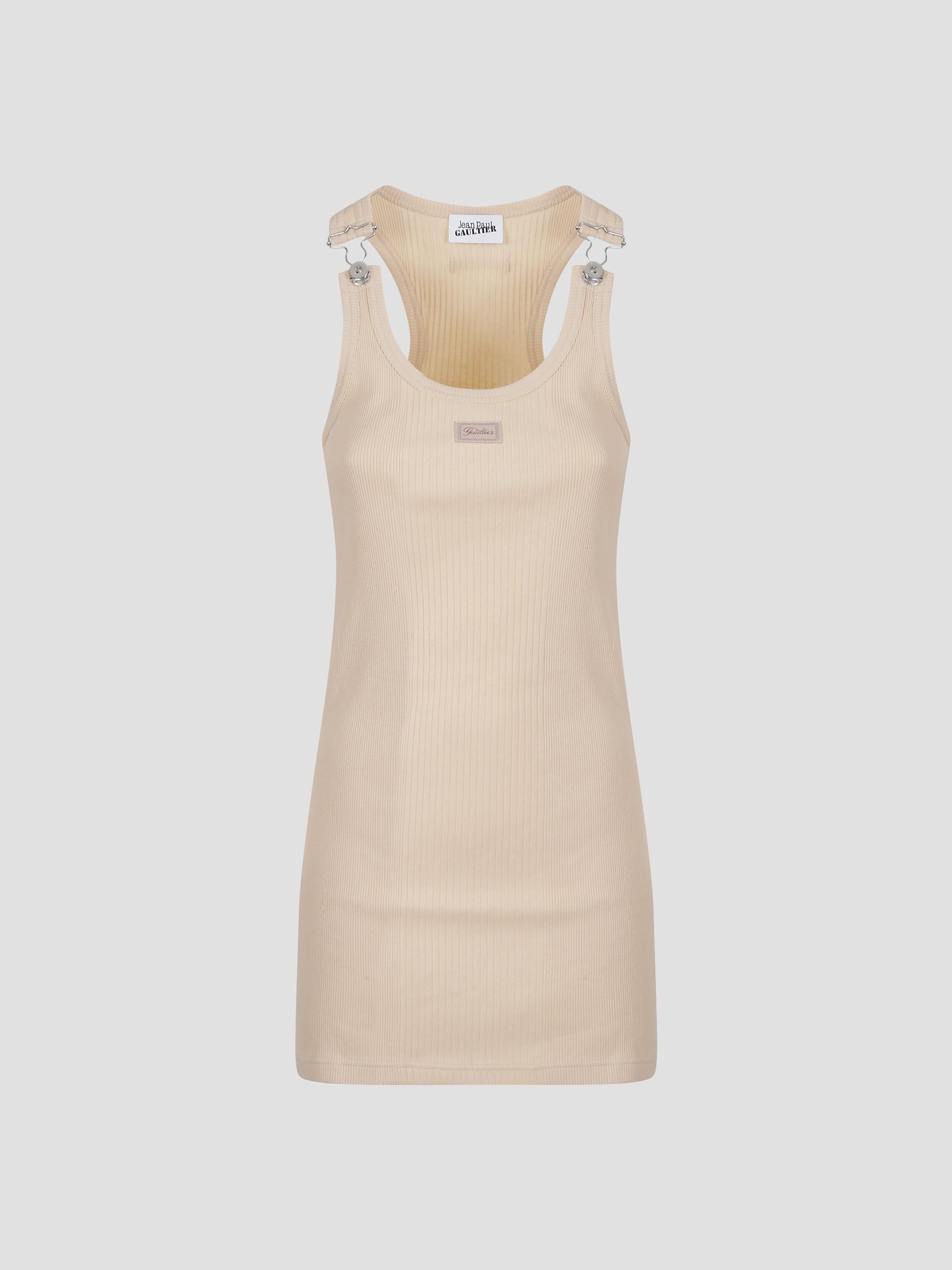 Ribbed short dress with "gaultier" patch and overa
