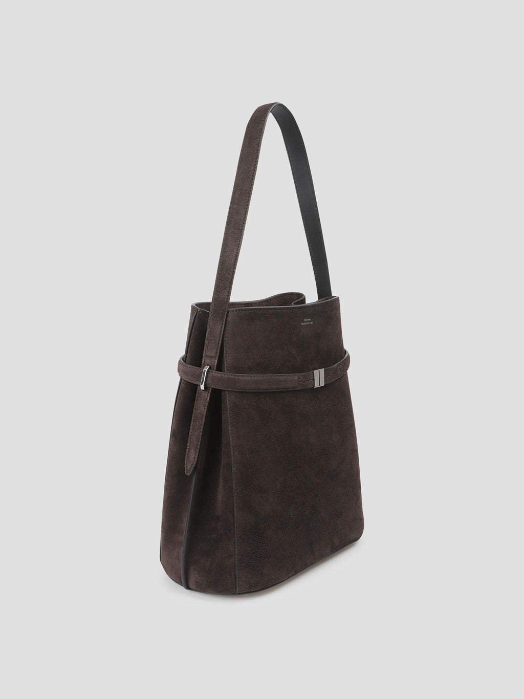 Belted suede bucket bag