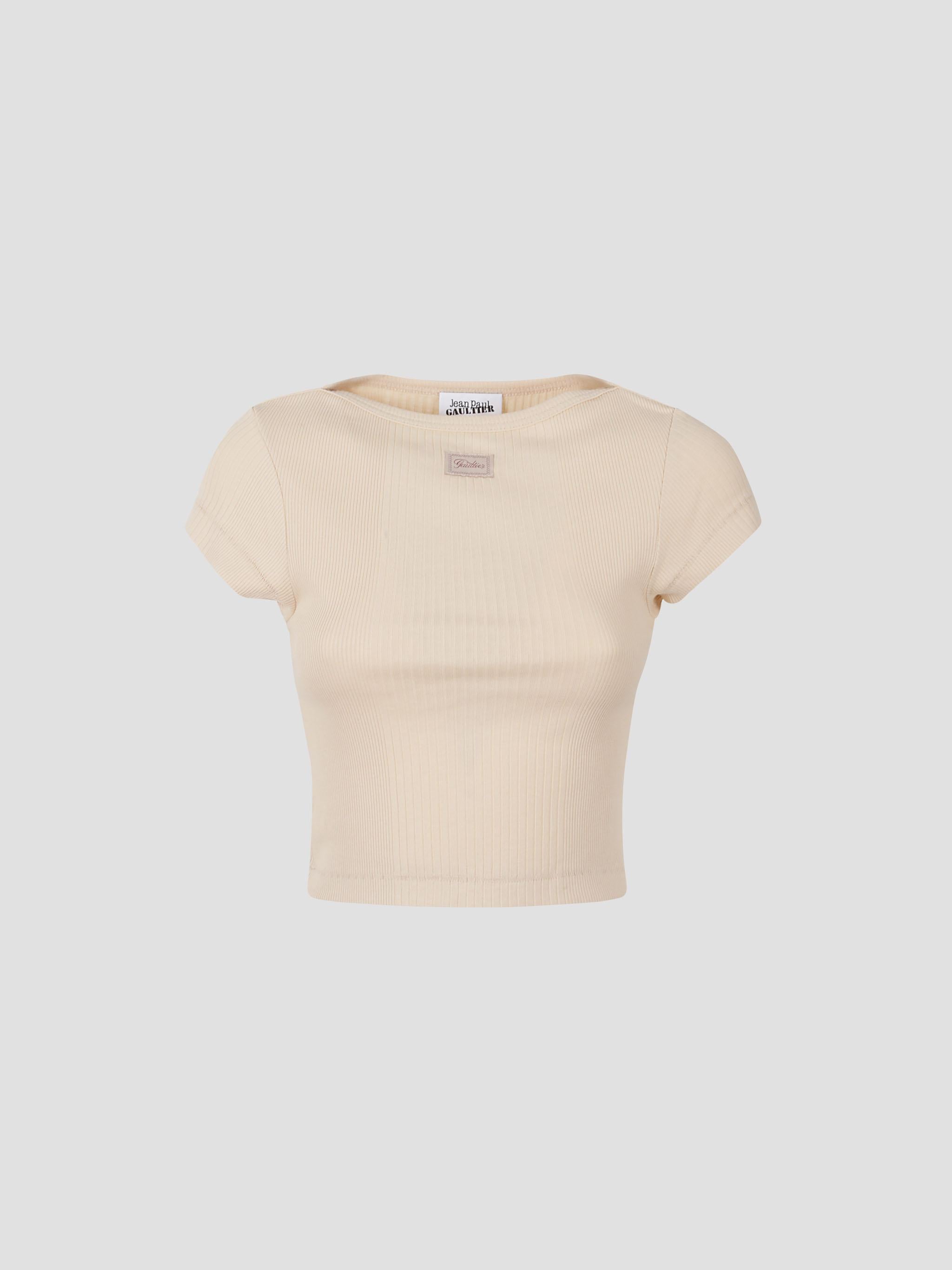 Cotton ribbed cropped baby tee with "gaultier" pat
