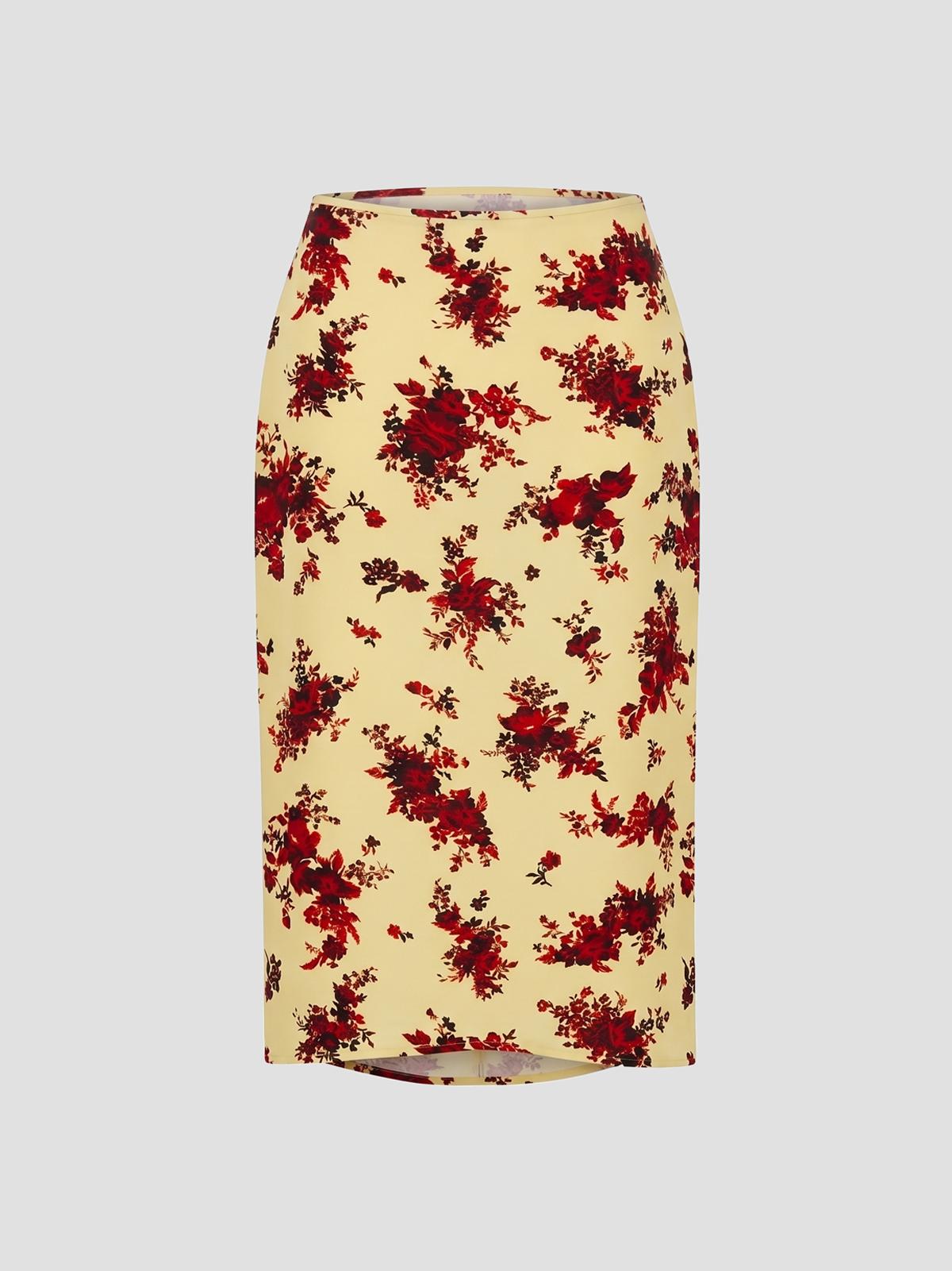 Satin-back floral print skirt