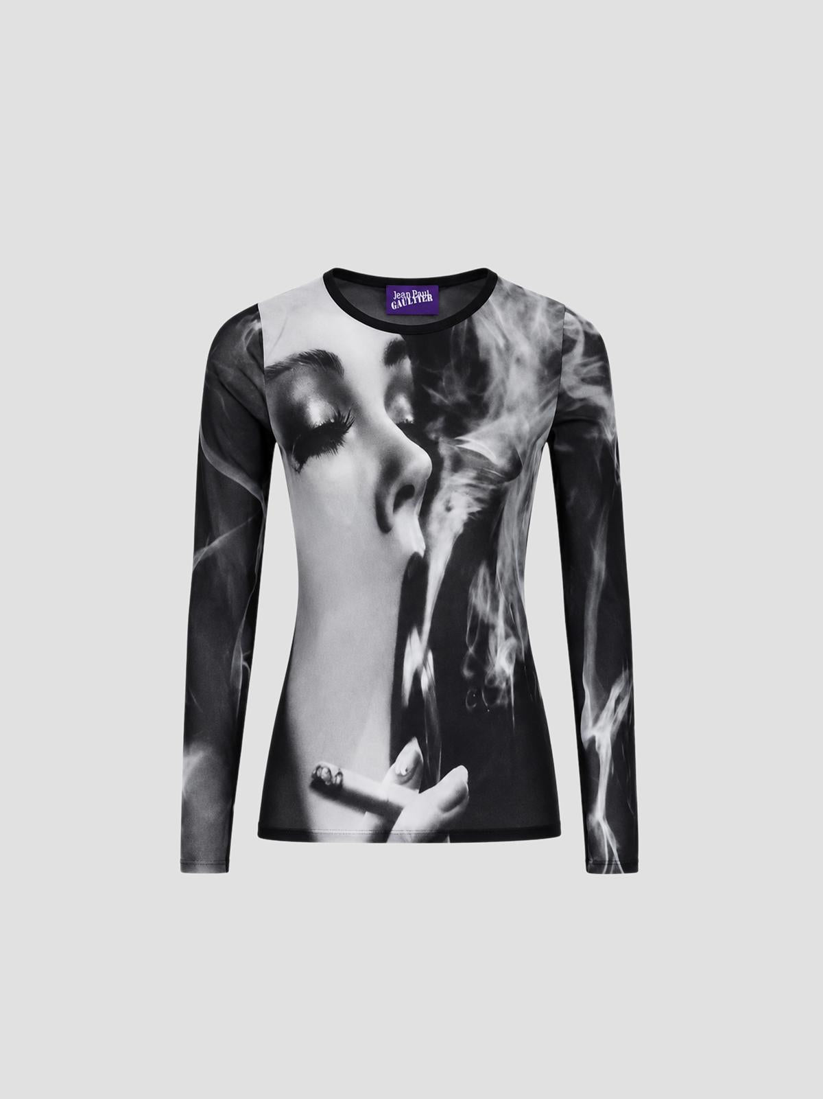 Mesh long sleeves top printed "smoking women"