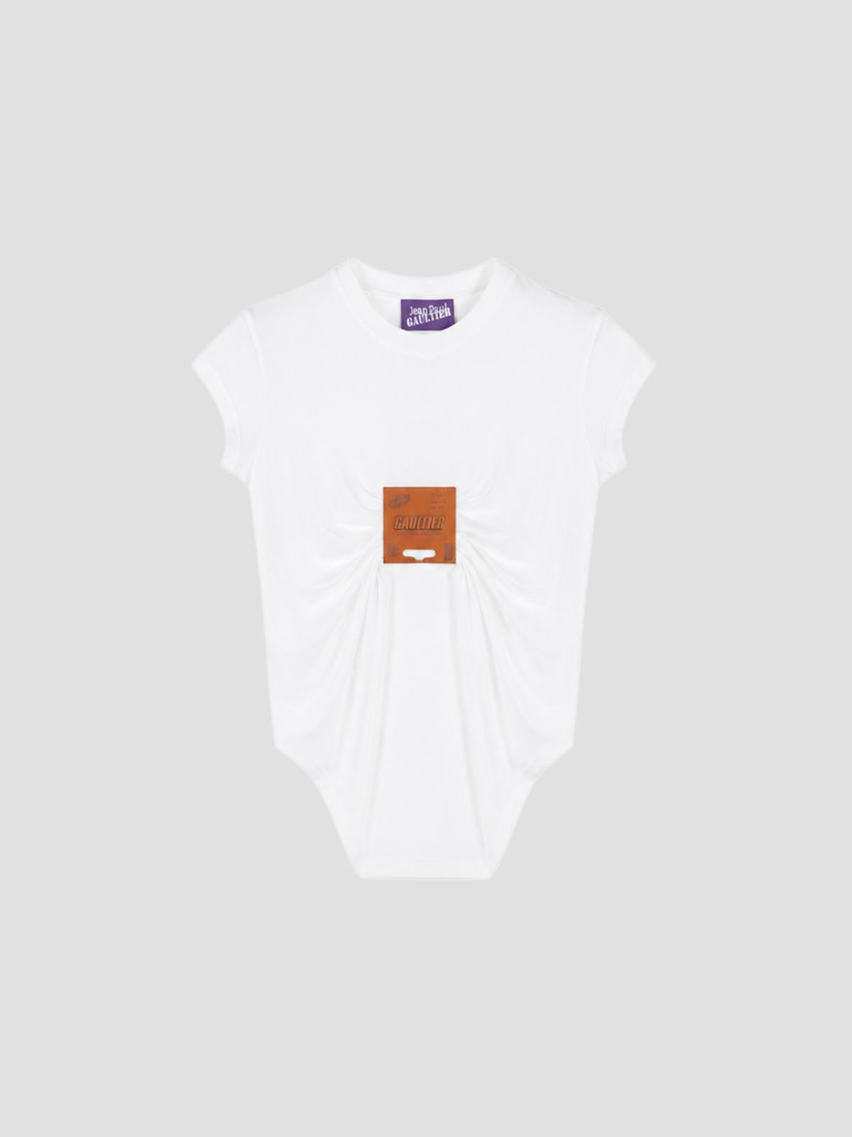 Stretch viscose jersey baby tee with leather tag d