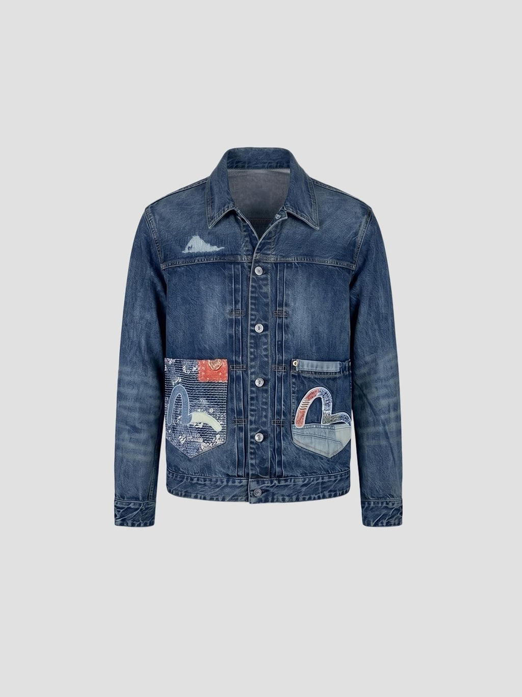 Evisu Ht, denim jacket w/ boro seagull patch pocket