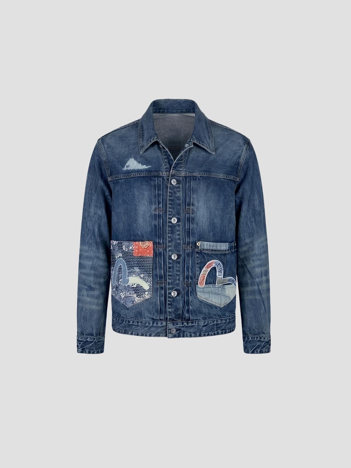 Ht, denim jacket w/ boro seagull patch pocket