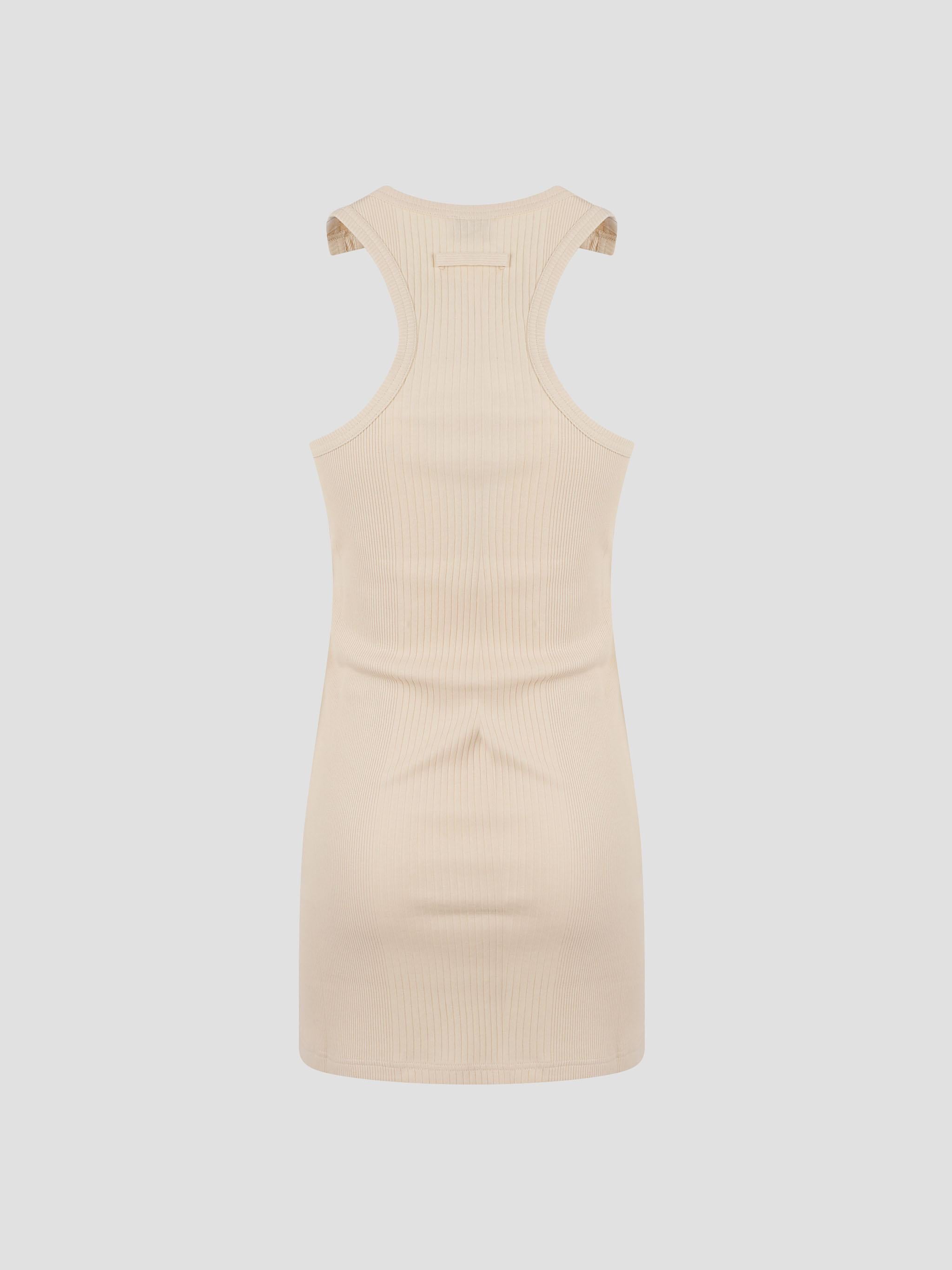 Ribbed short dress with "gaultier" patch and overa