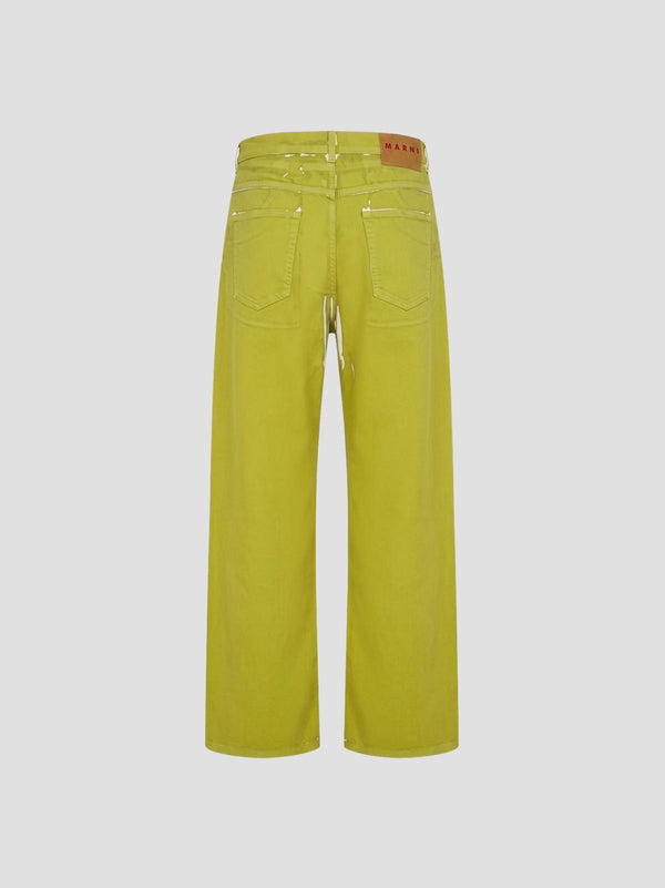 Screen-printed denim wide-leg pants