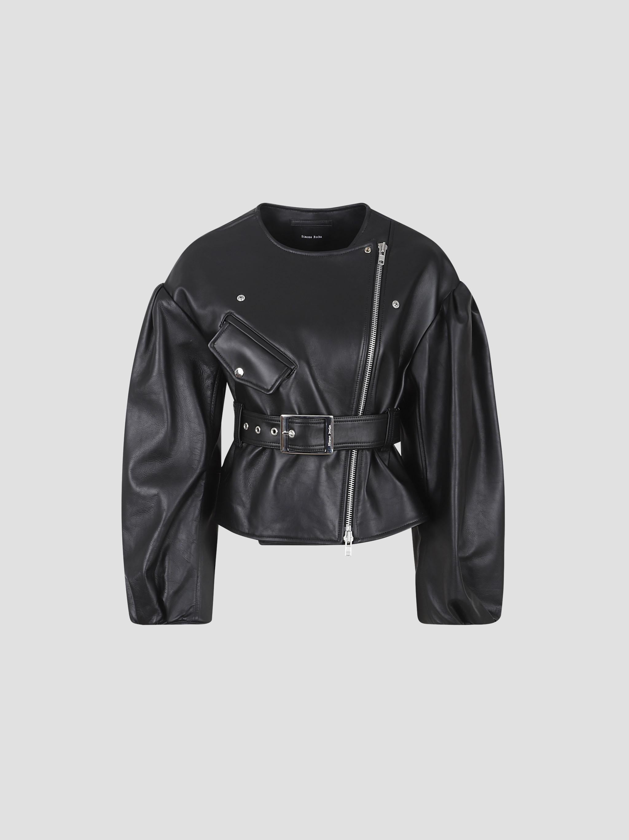 Cropped sculpted belt detail biker jacket