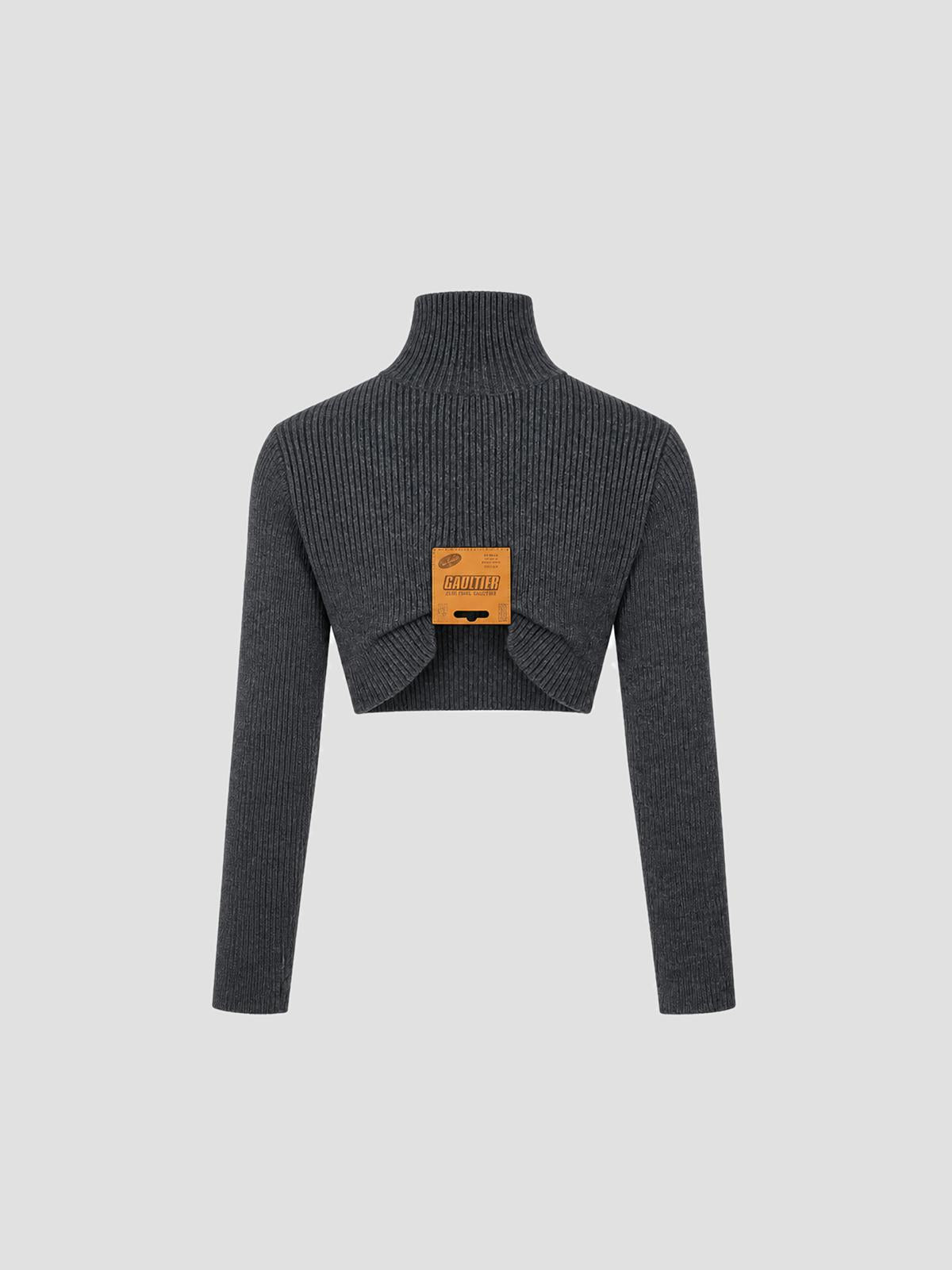High neck crop sweater with leather tag details
