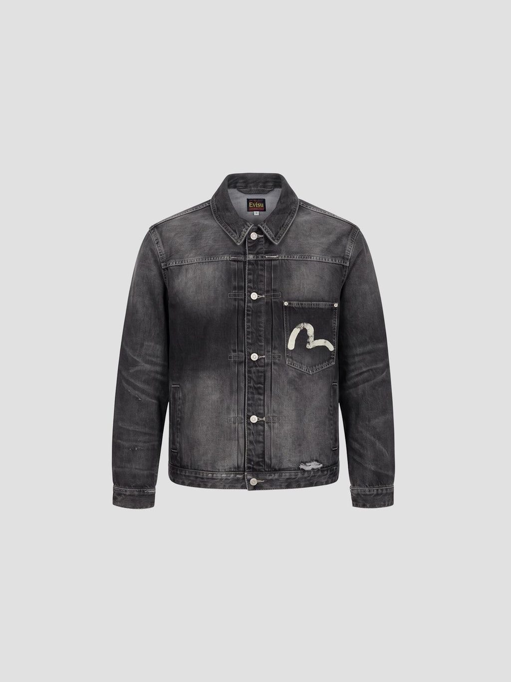 Evisu Ej, distressed denim trucker jacket in black