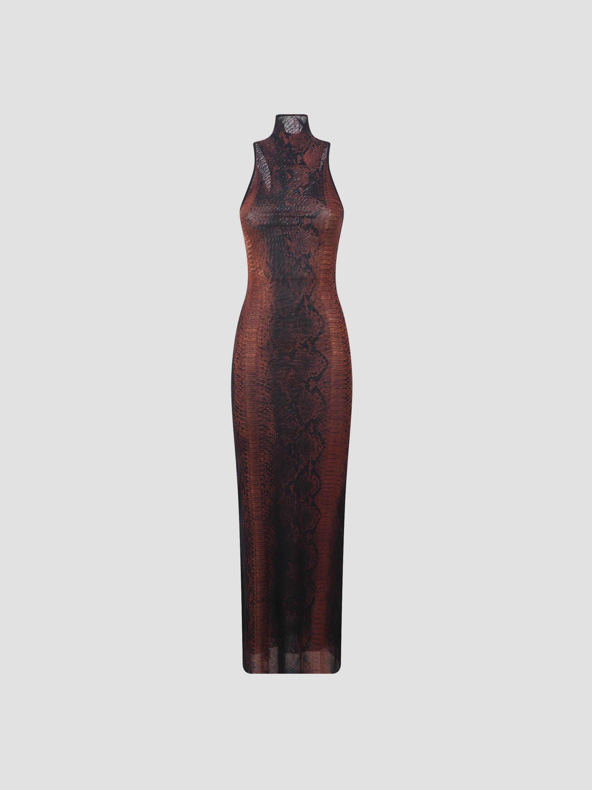 Mesh high neck long dress printed "python"